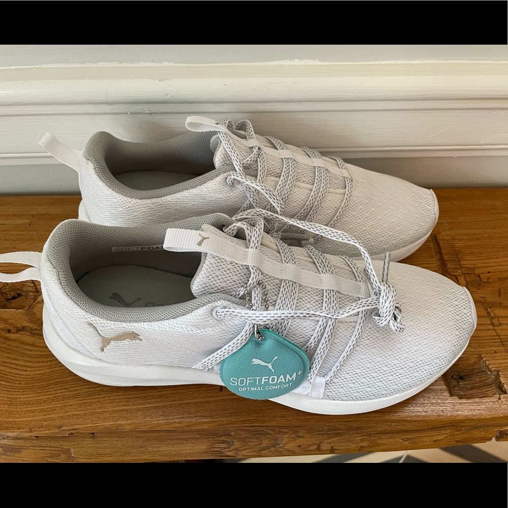 Brand new, never worn, white Puma soft foam sneakers, size 8